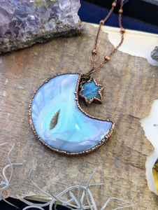 Electroformed Aura Agate Druzy Moon Necklace with Labradorite Star 3