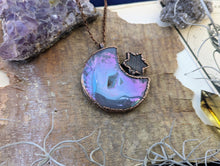 Load image into Gallery viewer, Electroformed Aura Agate Druzy Moon Necklace with Labradorite Star 4
