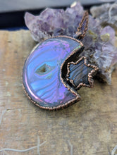 Load image into Gallery viewer, Electroformed Aura Agate Druzy Moon Necklace with Labradorite Star 4