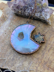 Electroformed Aura Agate Druzy Moon Necklace with Labradorite Star 5