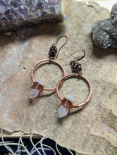 Load image into Gallery viewer, Copper Electroformed Rose Quartz Earrings