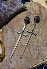 Load image into Gallery viewer, Large Sword Earrings with Rhinestone Disco Balls