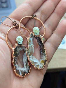 Copper Electroformed Agate Druzy Slice and Bone Skull Earrings
