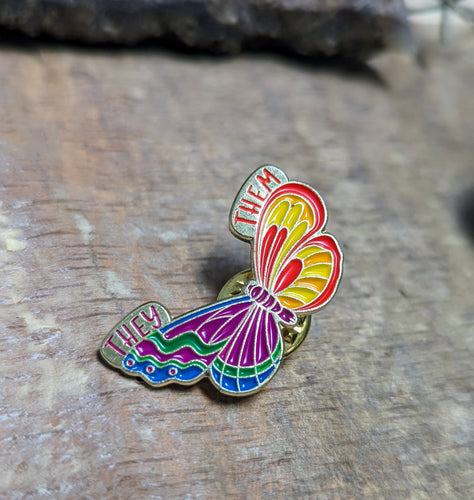 They / Them Pronoun Pin - Colorful Butterfly