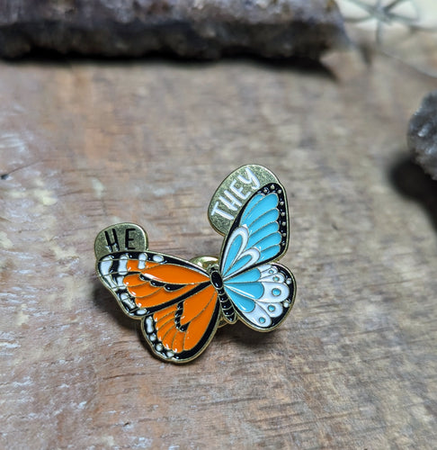 He / They Pronoun Pin - Colorful Butterfly