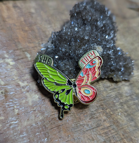 She / They Pronoun Pin - Colorful Butterfly