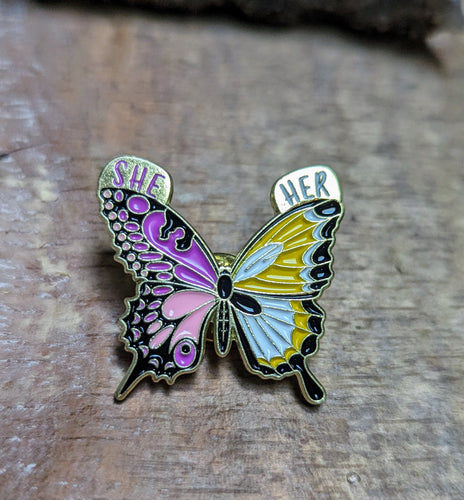 She / Her Pronoun Pin - Colorful Butterfly