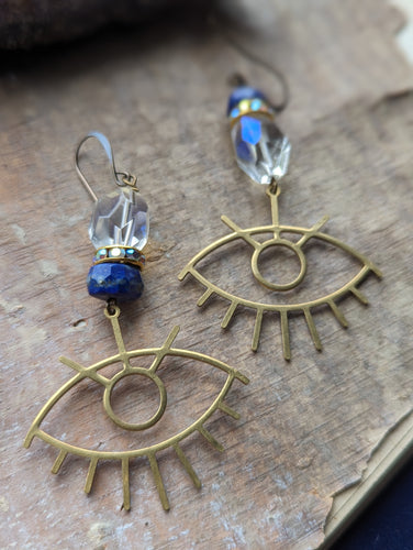 Brass Evil Eye Earrings - Lapis & Aura Quartz