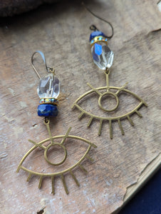 Brass Evil Eye Earrings - Lapis & Aura Quartz