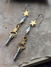 Load image into Gallery viewer, Pocket Watch Key Earrings with Rhinestones and Stars