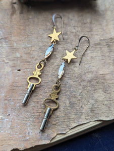Pocket Watch Key Earrings with Rhinestones and Stars