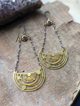 Load image into Gallery viewer, Brass Celestial Galaxy Earrings with Rhinestones &amp; Gemstone Chain