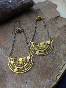 Brass Celestial Galaxy Earrings with Rhinestones & Gemstone Chain