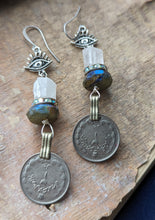 Load image into Gallery viewer, Kuchi Coin Earrings with Quartz and Labradorite