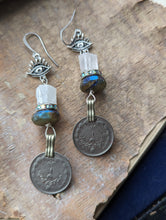 Load image into Gallery viewer, Kuchi Coin Earrings with Quartz and Labradorite