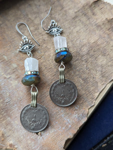 Kuchi Coin Earrings with Quartz and Labradorite