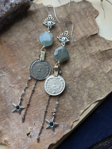 Kuchi Coin Earrings with Aquamarine and Moonstone Chain