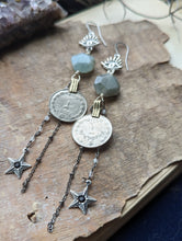 Load image into Gallery viewer, Kuchi Coin Earrings with Aquamarine and Moonstone Chain