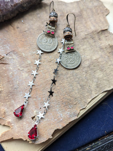 Kuchi Coin Earrings with Star Chain & Red Rhinestones