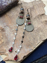 Load image into Gallery viewer, Kuchi Coin Earrings with Star Chain &amp; Red Rhinestones