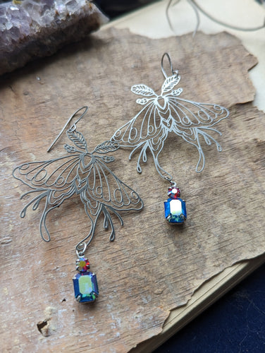 Luna Moth Earrings with Iridescent Blue Rhinestone Drops