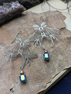 Luna Moth Earrings with Iridescent Blue Rhinestone Drops
