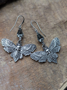 Death Head Moth Earrings with Rhinestones