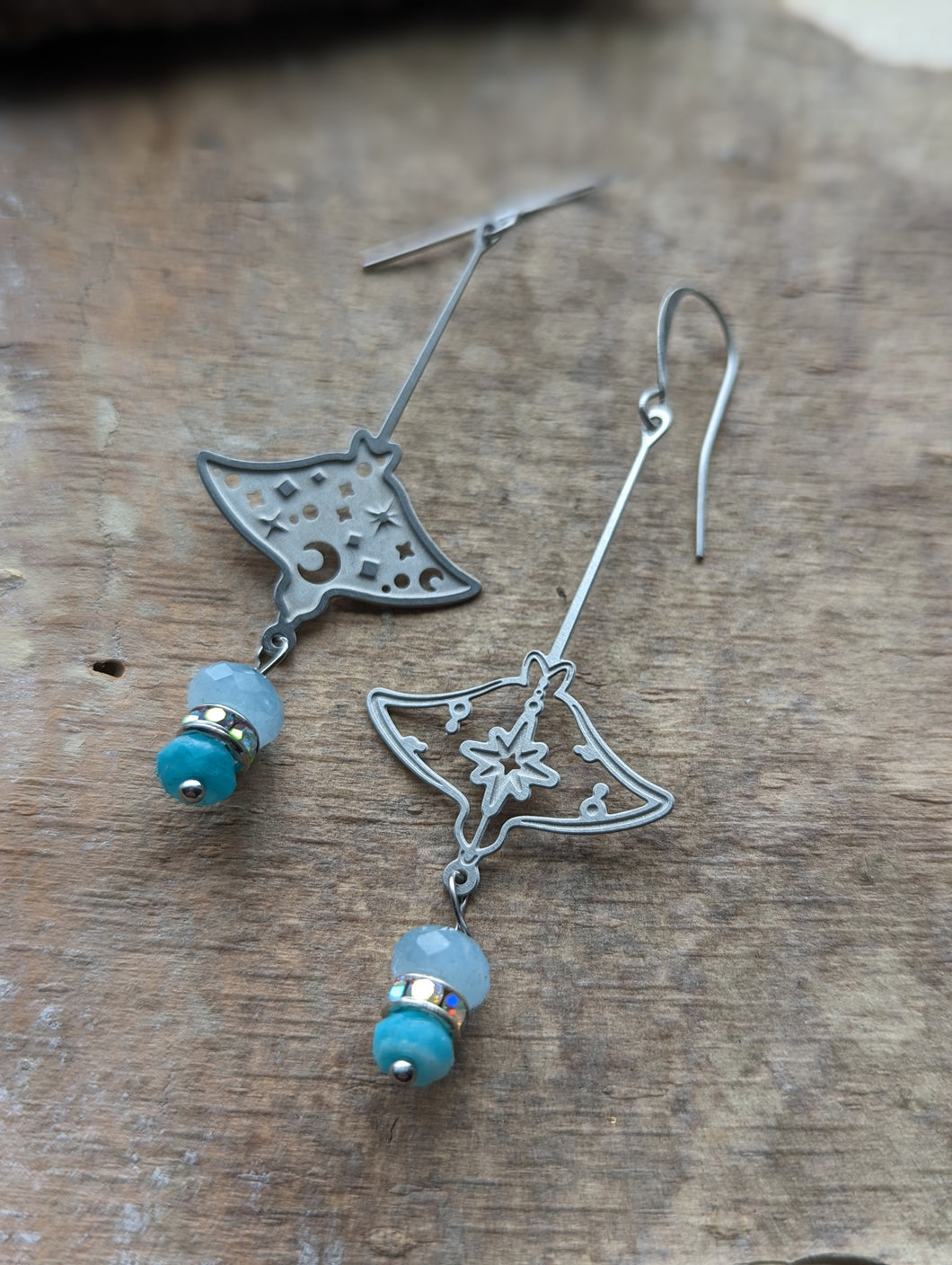 Asymmetrical Stingray Earrings with Aquamarine and Larimar