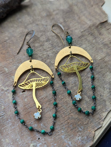 Brass Mushroom Earrings with Malachite and Green Onyx