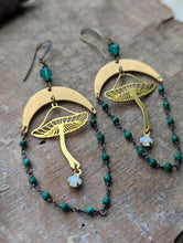 Load image into Gallery viewer, Brass Mushroom Earrings with Malachite and Green Onyx