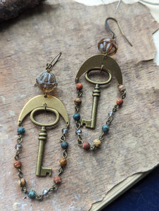 Earthy Key Earrings with Gemstone Chain