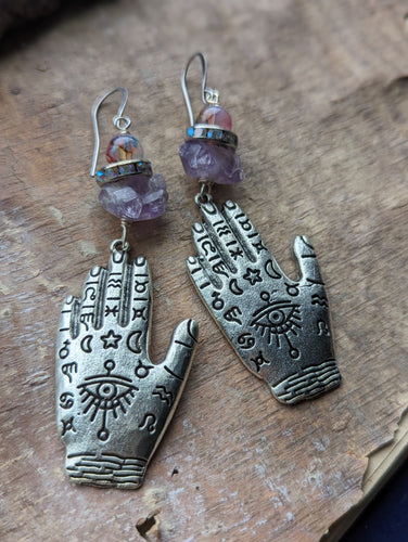 Astrological Hand Earrings with Amethyst