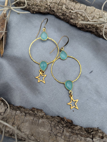 Gemstone Hoop Earrings with Stars - Aqua Chalcedony