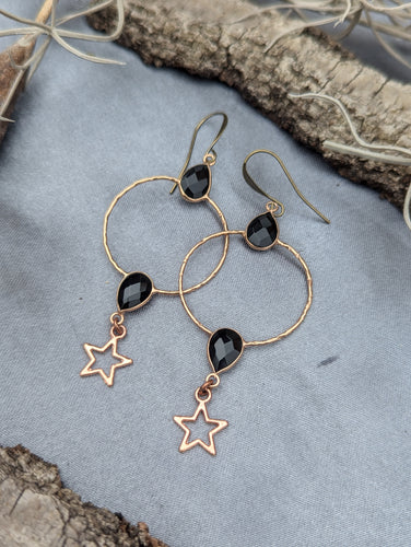 Gemstone Hoop Earrings with Stars - Onyx