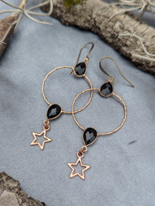 Gemstone Hoop Earrings with Stars - Onyx