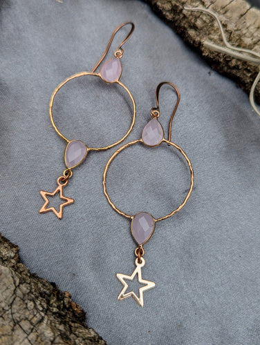 Gemstone Hoop Earrings with Stars - Rose Quartz