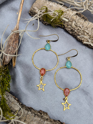 Gemstone Hoop Earrings with Stars - Carnelian and Chalcedony