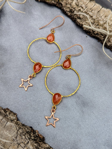 Gemstone Hoop Earrings with Stars - Carnelian