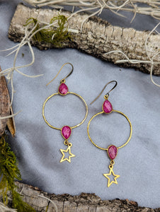 Gemstone Hoop Earrings with Stars - Ruby