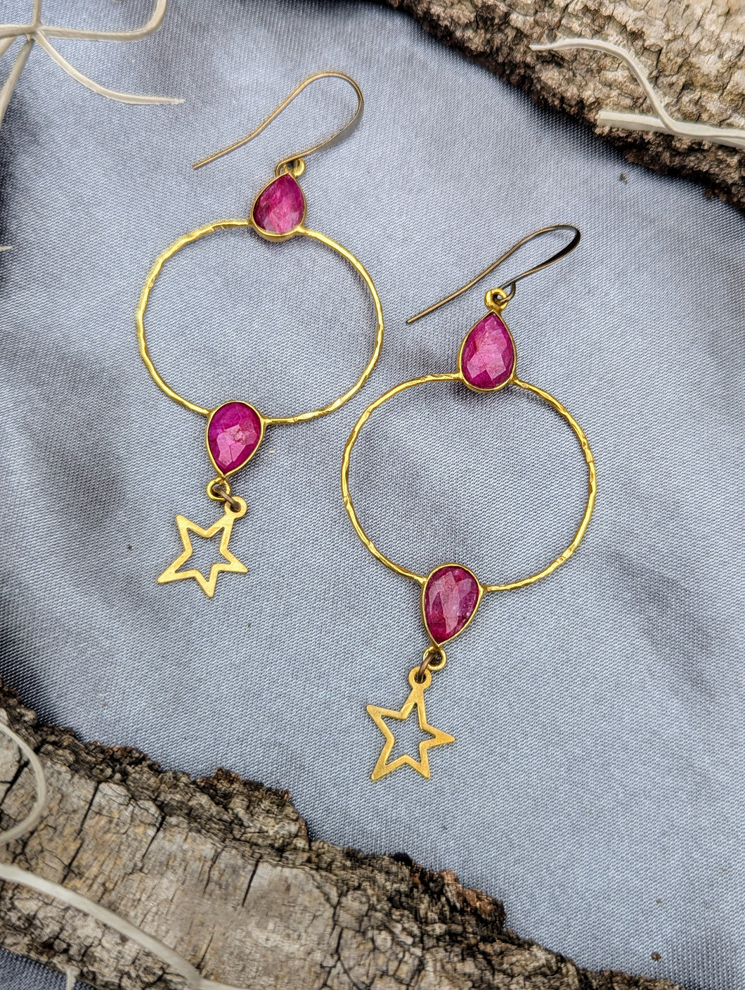 Gemstone Hoop Earrings with Stars - Ruby