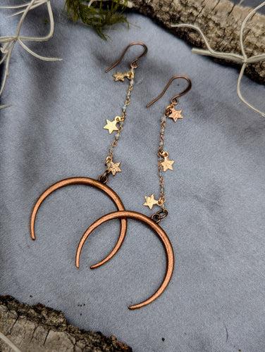 Copper Moon Earrings with Labradorite and Star Chain - 2