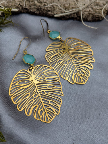 Brass Monstera Leaf Earrings with Aqua Chalcedony