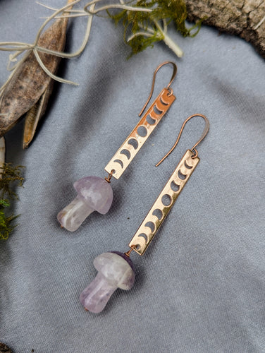 Rose Gold Moon Phase Earrings with Amethyst Mushrooms