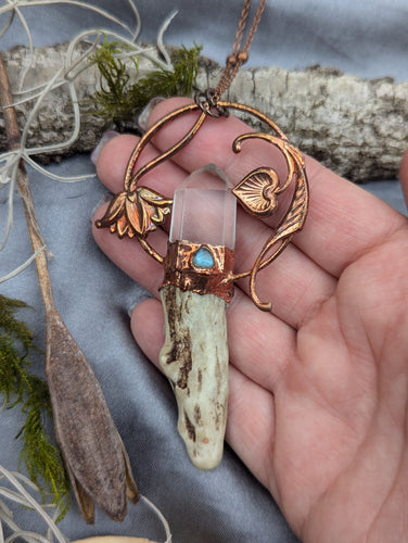 Electroformed Antler and Quartz Necklace