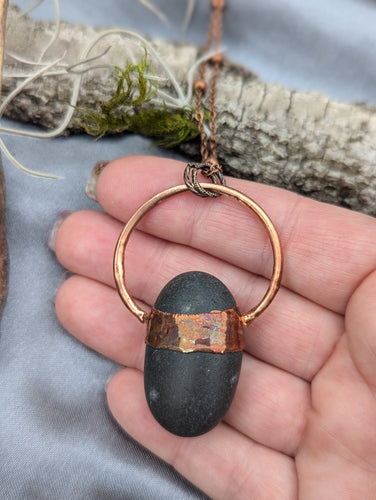 Electroformed Welsh Beach Pebble Worry Stone Necklace - Black oval