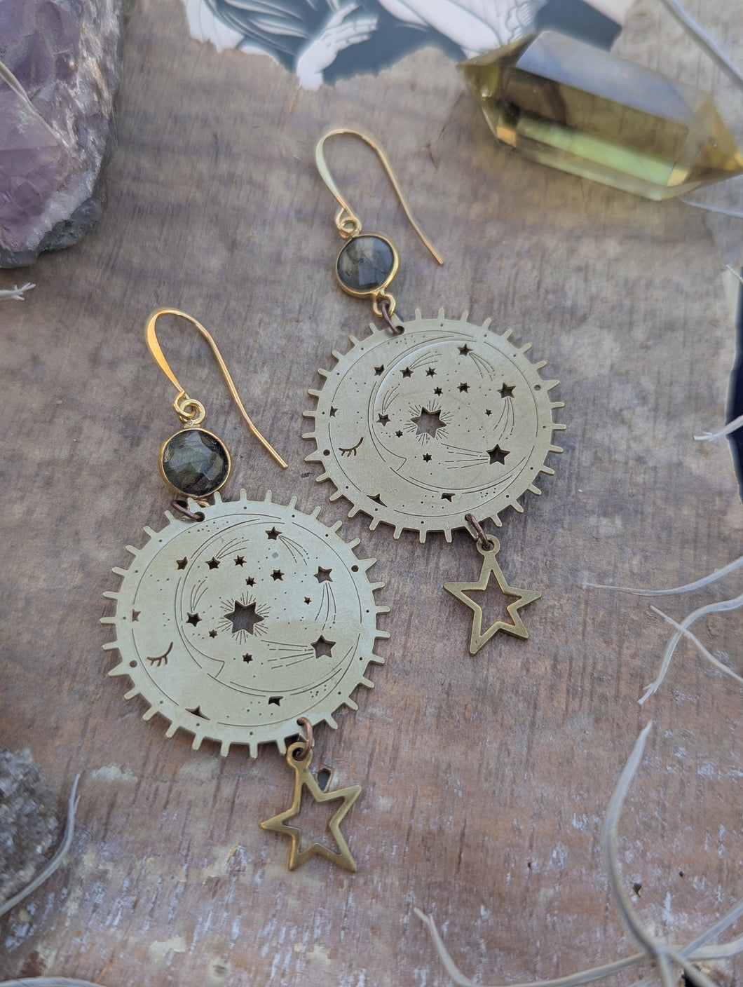 Sleepy Moon and Stars Labradorite Earrings