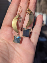 Load image into Gallery viewer, Brass Moon, Stars, and Labradorite Squares Earrings