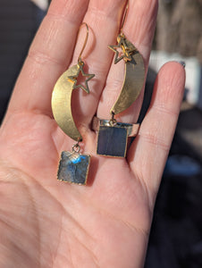 Brass Moon, Stars, and Labradorite Squares Earrings