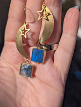 Load image into Gallery viewer, Brass Moon, Stars, and Labradorite Squares Earrings