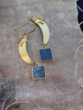 Load image into Gallery viewer, Brass Moon, Stars, and Labradorite Squares Earrings